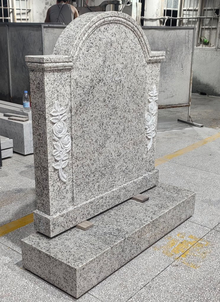 Irish Style Light Grey Granite Upright Headstone with Floral Carving