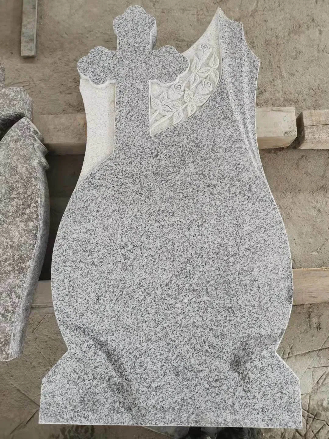 Polish Style Grey Granite Upright Headstone with Cross and Floral Carving