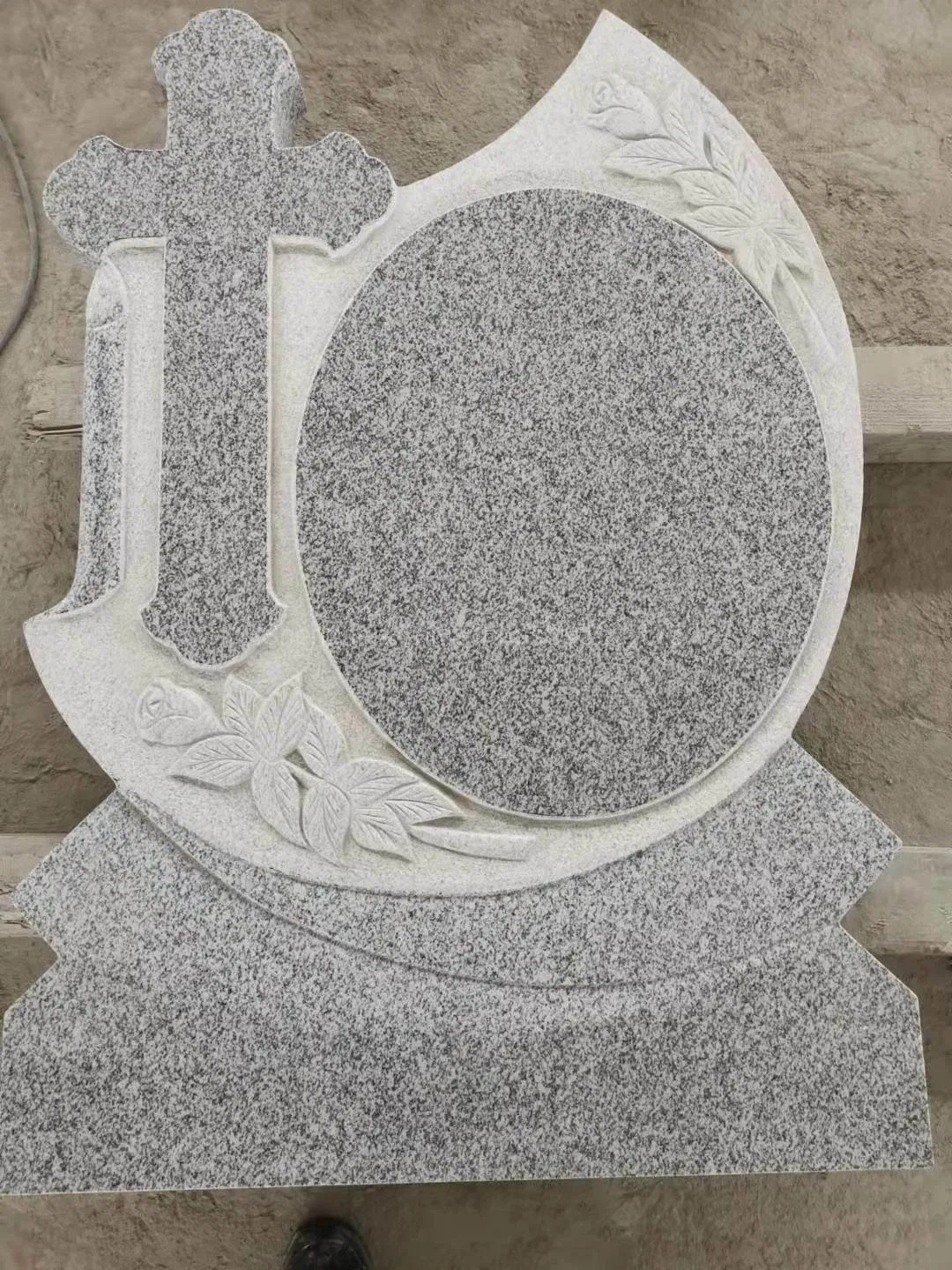 Polish Style Grey Granite Upright Headstone with Cross and Floral Carving