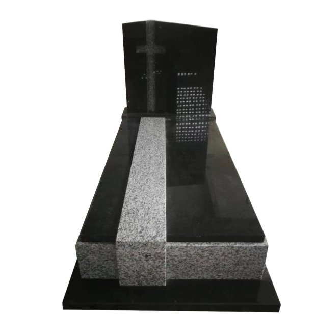 Romanian Style Black and Grey Granite Full Grave Tombstone with Cross Detail